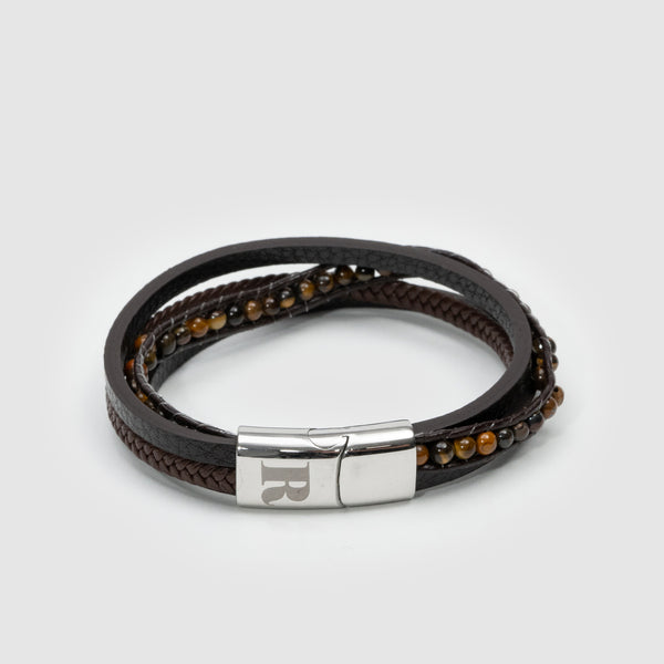 RUMI Tiger Eye Beads and Double Leather Bracelet